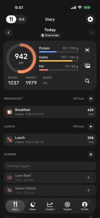 IMPOLS food diary showing calories left and macros