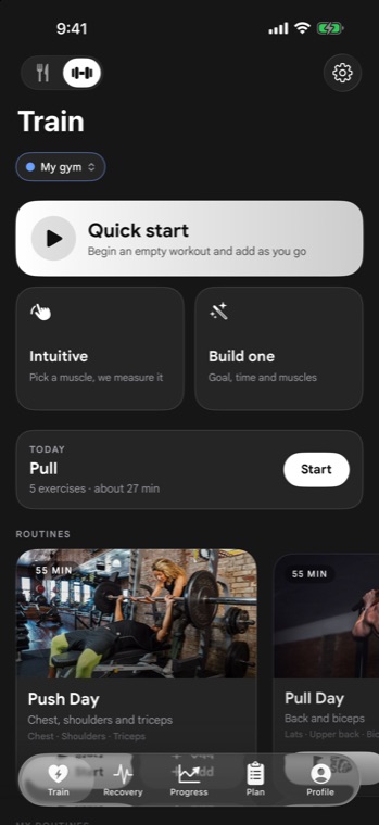 IMPOLS Train screen with Quick start, Intuitive and routines